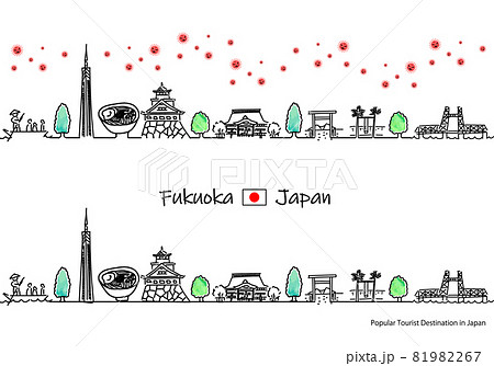 福岡県の観光地の街並みと新型コロナウイルスのシンプル線画セット 81982267