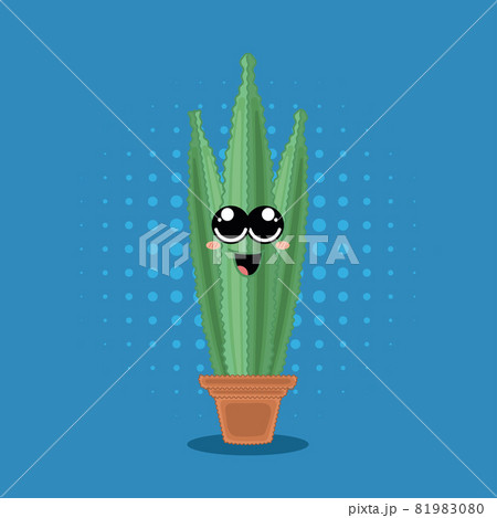 Happy kawaii cactus character with a big smile on halftone background Happy kawaii cactus character with a big smile on halftone background 81983080