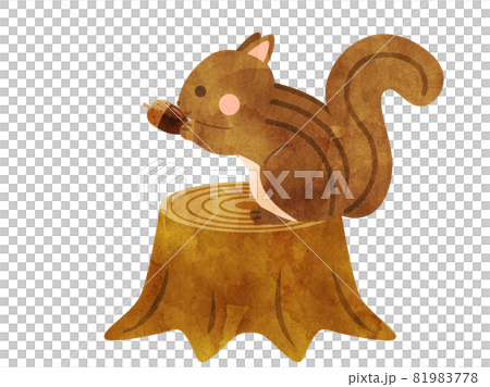 切り株にのりドングリを食べているリスのイラスト(水彩風に加工)の