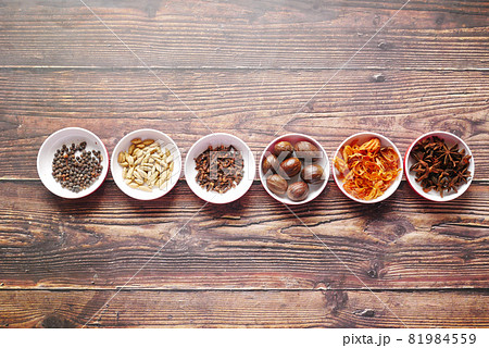 Spices collection in a container on table , 81984559