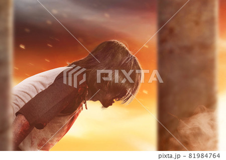 Scary zombie with blood and wound on his body 81984764