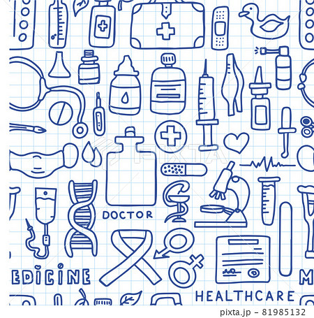 Medical seamless pattern. Medical doodle poster with medicines, test tubes and a thermometer. Big pharmacy set. Vector illustration card with hand-drawn pictures. 81985132