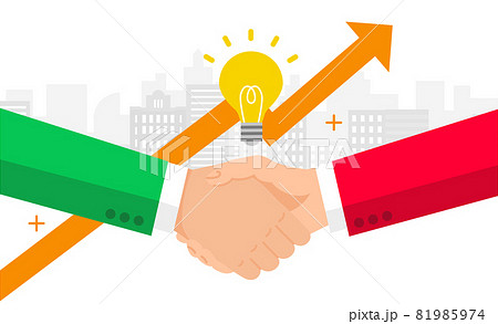 緑のロゴの会社と赤のロゴの会社の提携イメージ、ビジネスコンセプトイラスト、ベクター 緑のロゴの会社と赤のロゴの会社の提携イメージ、ビジネスコンセプトイラスト、ベクター 81985974