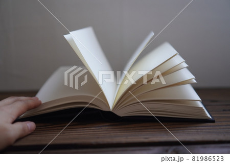 Open book on a table Open book on a table 81986523