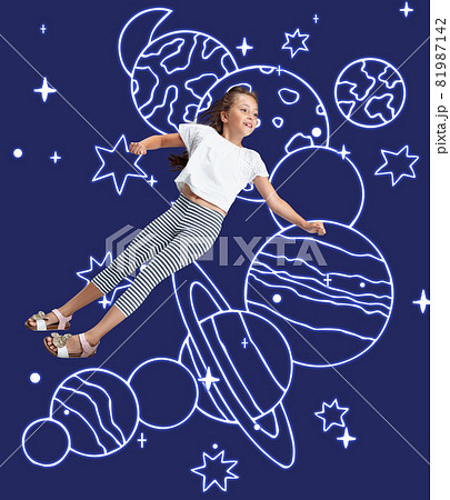 Conceptual artwork with little girl flying in her dreams among drawn planets in outer space. Ideas, inspiration, imagination. Collage 81987142