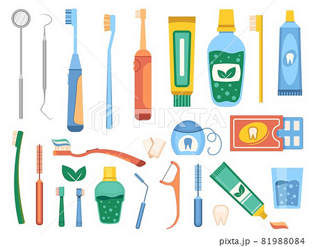 Cartoon toothbrushes, dental hygiene and mouth cleaning tool. Flat mouthwash, floss, toothpaste and dentist equipment. Tooth care vector set 81988084