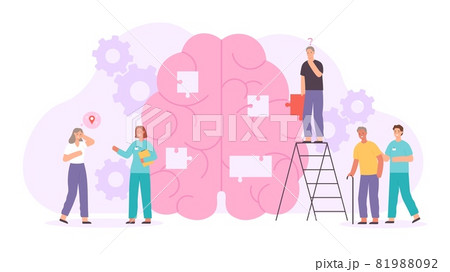 Alzheimer or dementia disease concept with elder characters and doctors. Flat human brain with lost memory. Neurology disorder vector poster Alzheimer or dementia disease concept with elder characters and doctors. Flat human brain with lost memory. Neurology disorder vector poster 81988092