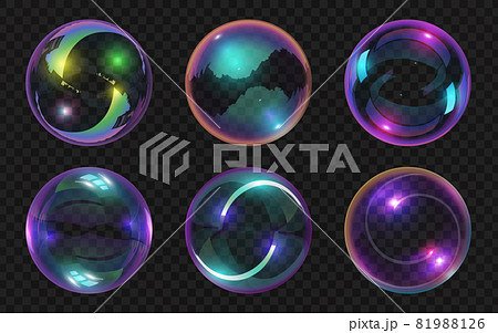 Realistic transparent soap bubbles with shiny abstract reflections. Magic glass balls glossy effect. Water colorful foam bubble vector set 81988126