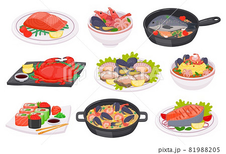 Cartoon seafood dishes with fish, octopus, shrimps and salmon steak. Sushi, crab, salad, soup and noodles with sea food on plate, vector set Cartoon seafood dishes with fish, octopus, shrimps and salmon steak. Sushi, crab, salad, soup and noodles with sea food on plate, vector set 81988205