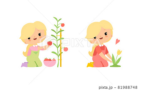 Little Blond Girl in Jumpsuit at Farm Caring About Tulip Flowers and Picking Tomato Vector Set Little Blond Girl in Jumpsuit at Farm Caring About Tulip Flowers and Picking Tomato Vector Set 81988748