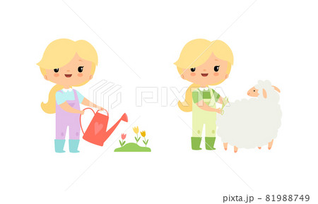 Little Blond Girl in Jumpsuit at Farm Watering Flowers and Shearing Sheep Vector Set Little Blond Girl in Jumpsuit at Farm Watering Flowers and Shearing Sheep Vector Set 81988749
