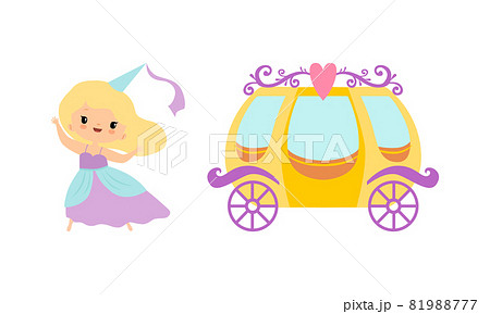 Royal Cinderella Carriage and Princess in Pretty Dress Vector Set 81988777