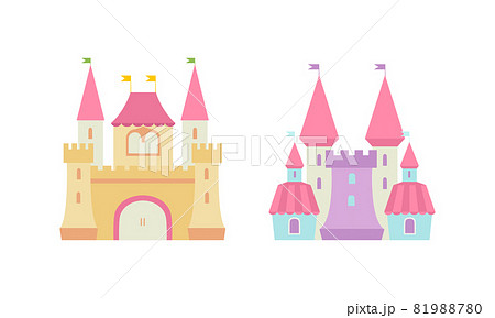 Princess Castle and Fortress with Tall Towers and Flags Vector Set 81988780