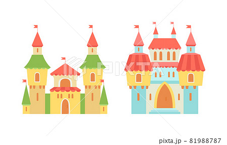 Princess Castle and Fortress with Tall Towers and Flags Vector Set 81988787