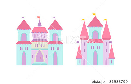 Princess Castle and Fortress with Tall Towers and Flags Vector Set 81988790