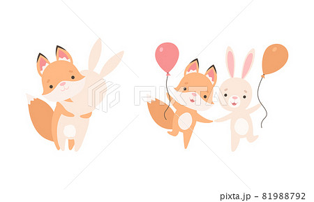 Pretty Little Bunny and Fox Cub Playing Together as Best Friends Vector Set Pretty Little Bunny and Fox Cub Playing Together as Best Friends Vector Set 81988792