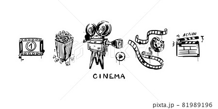 Vintage set of movie camera, tape, popcorn sketch on a white isolated background. Vector hand-drawn illustration. Vintage set of movie camera, tape, popcorn sketch on a white isolated background. Vector hand-drawn illustration. 81989196
