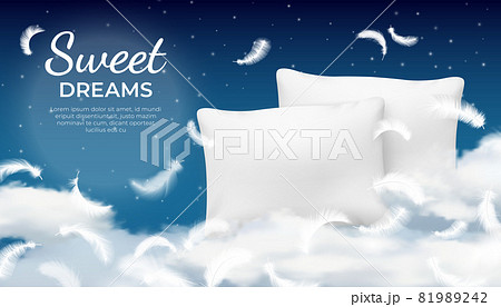 Realistic dream poster with soft pillow, cloud and feathers. Relax, rest and sleep concept with night sky. Cotton cushion vector advertising 81989242