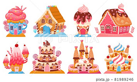 Cartoon fantasy candy houses and fairy tale sweet castles. Dreamland cake buildings. Chocolate, gingerbread and ice cream house vector set 81989246