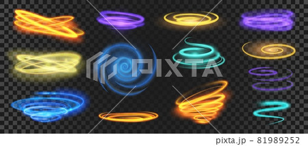 Glowing light spirals, circles, swirls and speed motion effect. Realistic shiny neon trail curves. Magic energy rings and waves vector set 81989252