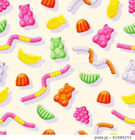 Various jelly candies bears, worms, bananas seamless pattern. Sweet vector background. 81989255