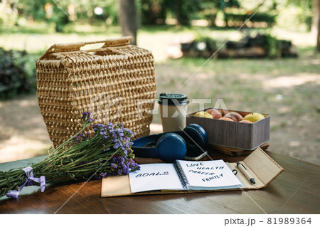 New Years Resolutions Goals motivational phrase in open notebook on the table. Outdoor still life with My Goals motivational text. Self-development and motivation 81989364