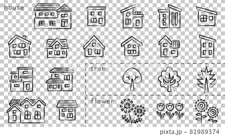 House and tree and flower icon set (charcoal pencil brush) classification version 81989374