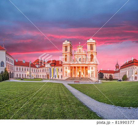 Church of monastery Goettweig near Krems against sunset in Lower Austria, Wachau, Austria Church of monastery Goettweig near Krems against sunset in Lower Austria, Wachau, Austria 81990377