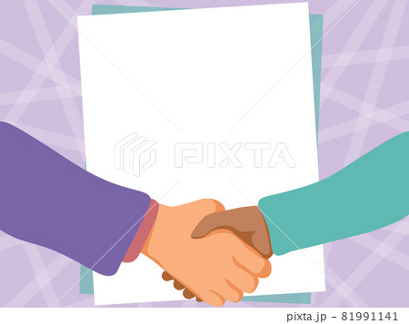 Two Men Drawing With Empty Paper Background Shake Hands Presenting Agreement. Gentelmen Hand Shaking Doing Business And Demonstrating Understanding. 81991141