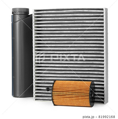 Car filters and motor oil can isolated on white 81992168