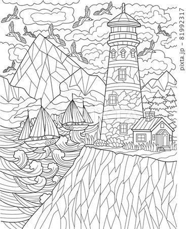 Cliff With Lighthouse With Multiple Flying Birds And Boats Sailing Colorless Line Drawing. Guiding Light Tower Guides Sail Ships Coloring Book Page. Cliff With Lighthouse With Multiple Flying Birds And Boats Sailing Colorless Line Drawing. Guiding Light Tower Guides Sail Ships Coloring Book Page. 81992317