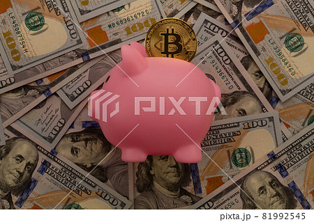 Cute pink plastic piggy bank with bitcoin coin inside on the background of US dollars banknotes. Beautiful photo of a piggy bank and cryptocurrency money. Concept of storing money in digital currency 81992545