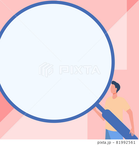 Man Drawing Standing Holding Large Magnifying Glass. Gentleman Design Stands Carrying Huge Hand Magnification Lens Showing New Discoveries. 81992561