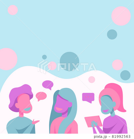 Happy Friends Drawing Standing Talking To Each Other With Speech Bubbles And Tablet. Colleagues Design Stands Speaking To One Another Having Fun Conversation. Happy Friends Drawing Standing Talking To Each Other With Speech Bubbles And Tablet. Colleagues Design Stands Speaking To One Another Having Fun Conversation. 81992563