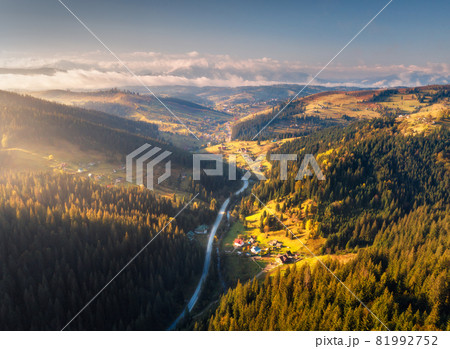 Aerial view of beautiful road in mountains at sunrise in autumn 81992752