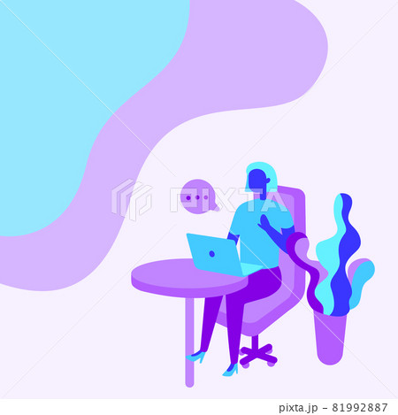 Woman Drawing Sitting Office Desk Using Laptop With Speech Bubble Beside Plant Vase. Lady Design Uses Portable Computer Placed On Top Of Table Beside A Potted Container. Woman Drawing Sitting Office Desk Using Laptop With Speech Bubble Beside Plant Vase. Lady Design Uses Portable Computer Placed On Top Of Table Beside A Potted Container. 81992887