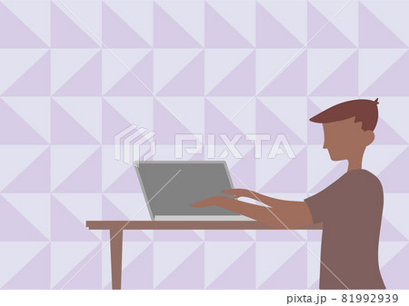 Businessman Standing Drawing Using Laptop Placed On Top Of Wooden Table. Gentleman Sitting Design Uses Notebook Computer Showing Office Productivity. 81992939