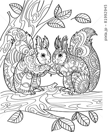 Two Squirrels Standing Holding Acorn On Top Tree Branch With Leaves Line Drawing. Chipmunks Facing Each Other Eating Nut On Forest Wood Coloring Book. 81992945
