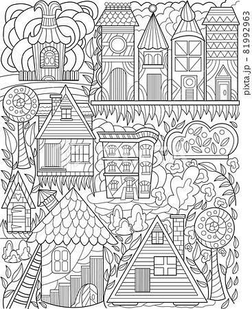 Old Town Doodle Tall Trees Houses Colorless Line Drawing. Classic Village Doodling Set Tall Buildings House Tree Coloring Book Page. 81992963