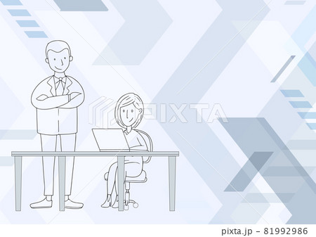Man Standing Drawing Crossed Arms Woman Sitting Using Laptop Showing Mentor Student. Lady Sits At Desk Looking Computer Screen Man Stands Watching Colleague. Man Standing Drawing Crossed Arms Woman Sitting Using Laptop Showing Mentor Student. Lady Sits At Desk Looking Computer Screen Man Stands Watching Colleague. 81992986