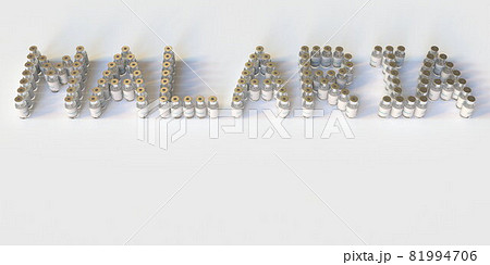 MALARIA text made with many medical vials. 3D rendering 81994706