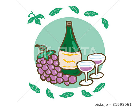 ぶどうとワインとワイングラスのフレーム付きイラストのイラスト素材