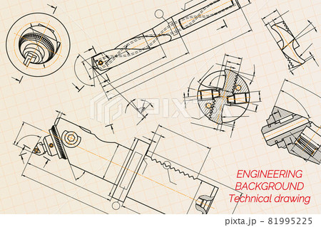 Mechanical engineering drawings on blue background. Drill tools, borer. Boring bar with micrometric adjustment. Broach. Technical Design. Cover. Blueprint. Vector illustration. Mechanical engineering drawings on blue background. Drill tools, borer. Boring bar with micrometric adjustment. Broach. Technical Design. Cover. Blueprint. Vector illustration. 81995225