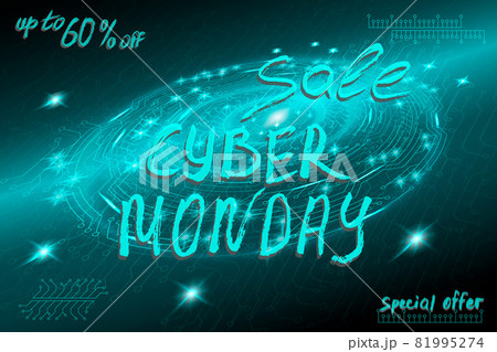 Blue futuristic technological background in cyberpunk style. Cyber monday. The inscription is painted by hand with brush. Lettering for design of postcards, calendar, poster, banner. Horizontal format 81995274