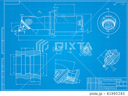Mechanical engineering drawings on blue background. Boring bar with micrometric adjustment. Technical Design. Cover. Blueprint. Vector illustration. Mechanical engineering drawings on blue background. Boring bar with micrometric adjustment. Technical Design. Cover. Blueprint. Vector illustration. 81995283