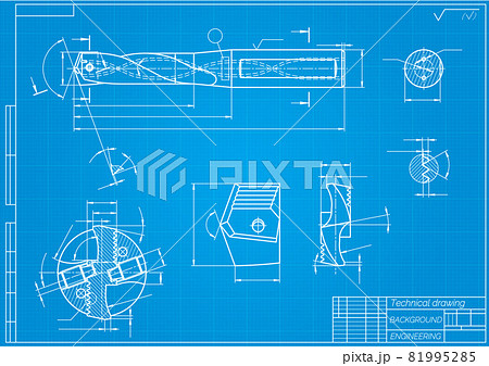 Mechanical engineering drawings on blue background. Drill tools, borer. Technical Design. Cover. Blueprint. Vector illustration. Mechanical engineering drawings on blue background. Drill tools, borer. Technical Design. Cover. Blueprint. Vector illustration. 81995285