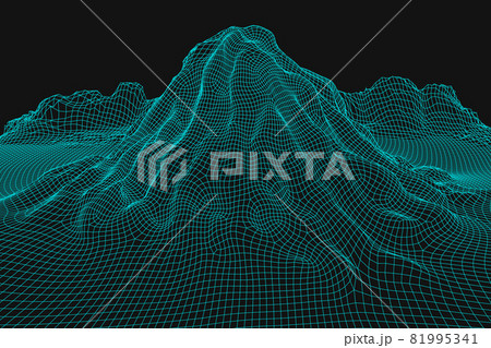 Blue abstract vector wireframe landscape background. 3D futuristic mesh mountains. 80s Retro illustration. Cyberspace technology valleys. 81995341