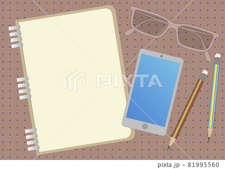 Notebook Drawing With Mobile Device Eyeglasses Two Pencils. Notepad Design Beside Phone Sunglasses Pair Of Pens Showing Organized Table. 81995560