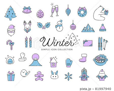 冬のシンプルな線画アイコンセット01 クリスマス 正月 年賀 飾り 自然 イラスト 2色のイラスト素材