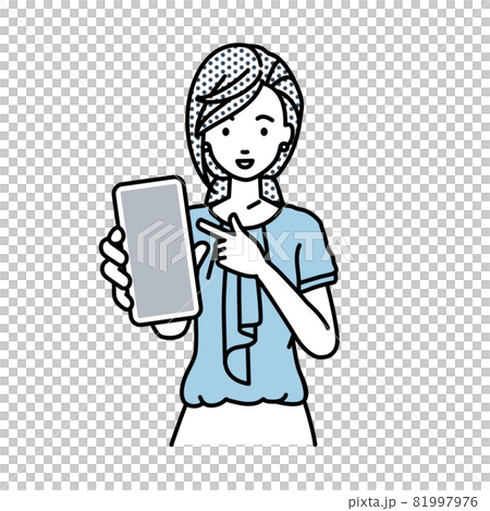 立ってスマートフォンを指差してこちらに向けて見せているオフィスカジュアルの女性 81997976